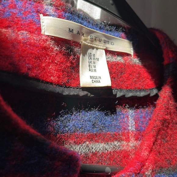 Max Studio Wool Plaid Jacket Open Front. Size M. Red with blue, black and white. - Picture 5 of 5
